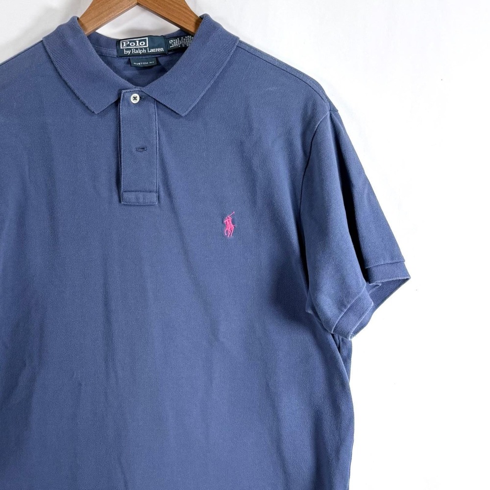 Polo Ralph Lauren Men Custom Fit Blue Short Sleeve Polo Shirt Pink Pony Size L